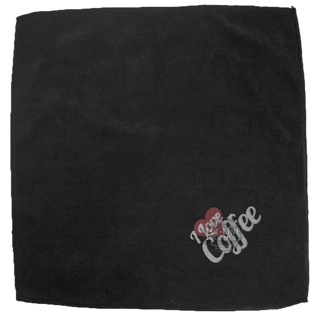 DISCONTINUED 1st-line I Love Coffee Black Microfiber Cloth featuring white and red print in the bottom right corner. © 2025 1st-line.com