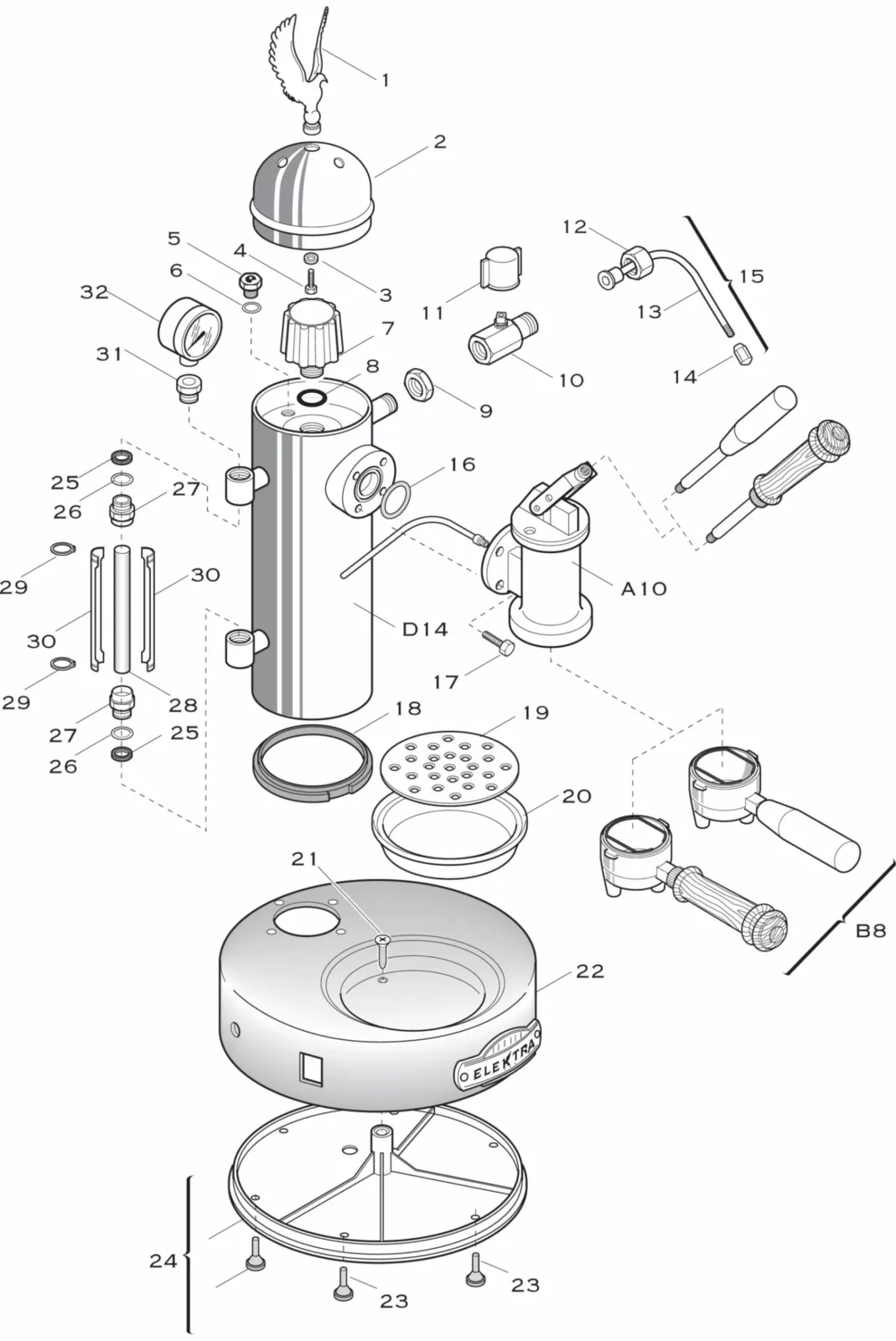 Exploded diagram of a coffee machine showing labeled parts, including the boiler, steam wand, group handle, heating element, screws, and various connectors, each identified with numbers and lines indicating assembly positions. © 2025 1st-line.com