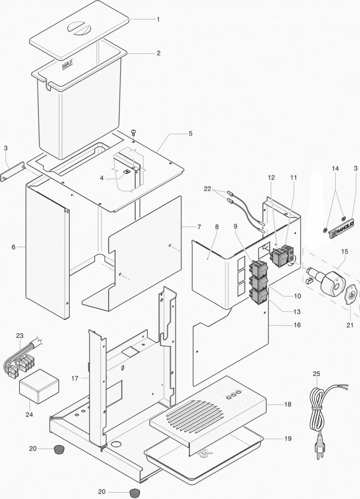 Exploded diagram of a coffee maker showing its components, including the water reservoir, base, electrical cord, heating element, switches, screws, and panels, each labeled with numbers for identification. © 2025 1st-line.com