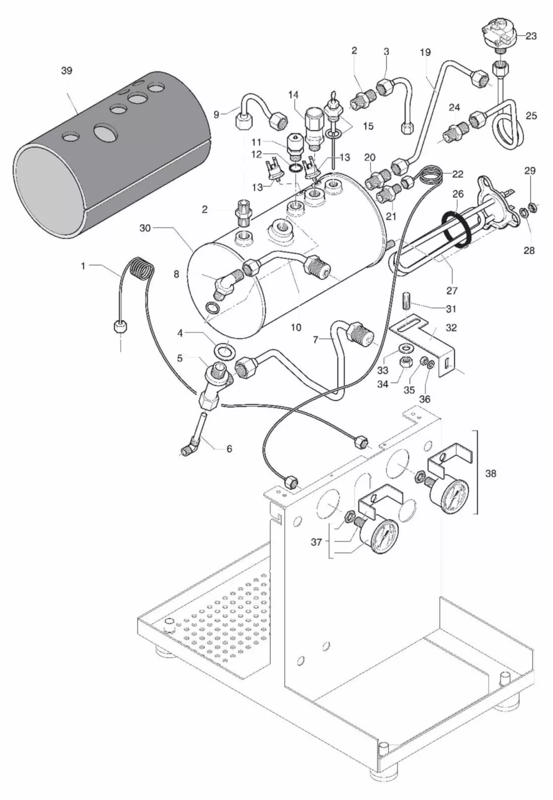 Exploded diagram of a machine showing a cylindrical tank, various pipes, valves, connectors, gauges, and controls, each labeled with numbered parts, assembled on a rectangular base. © 2025 1st-line.com