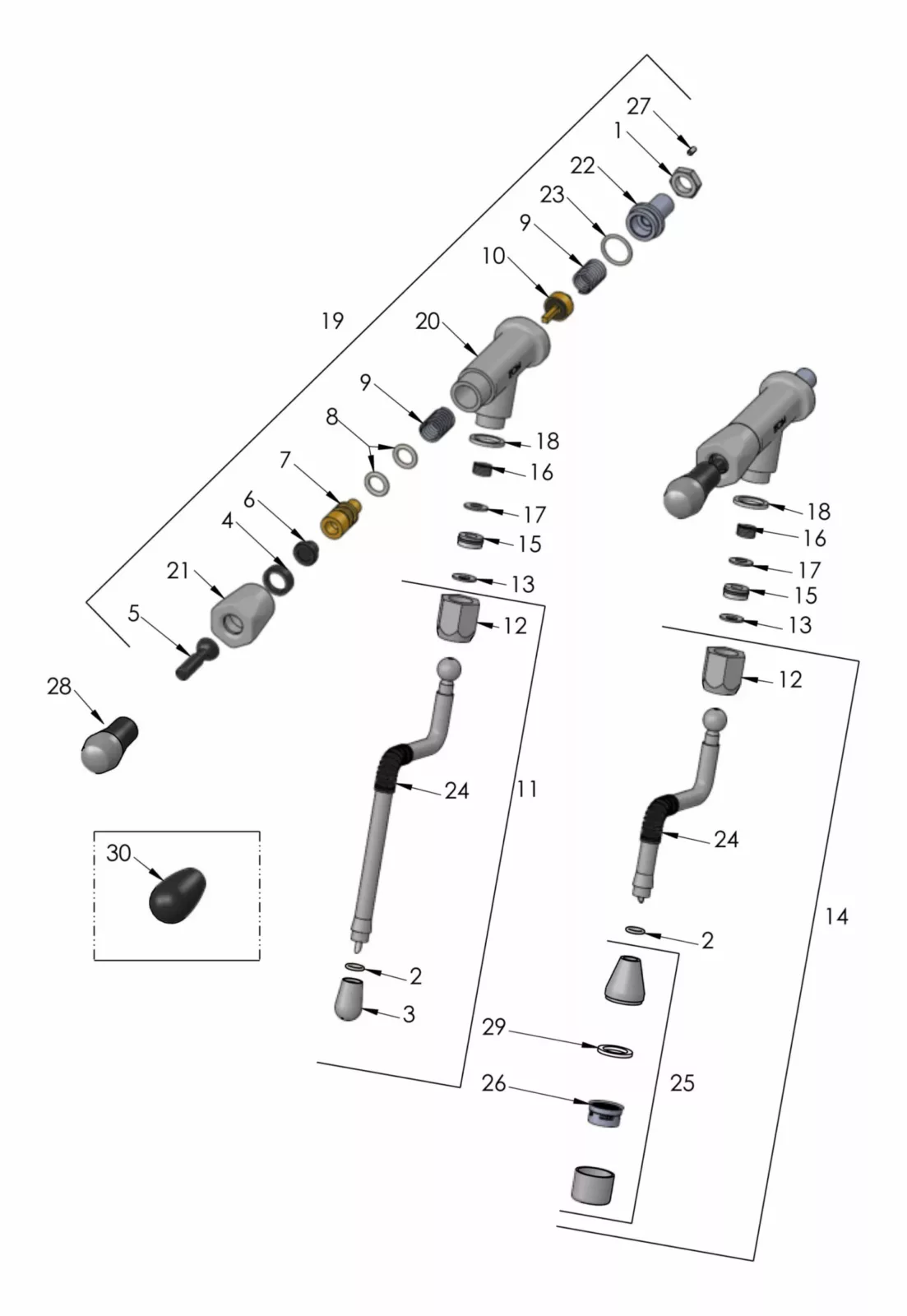 Exploded diagram of a mechanical assembly showing various numbered parts, including pipes, connectors, bolts, washers, nuts, and fittings, arranged in groups and displayed in a labeled, organized layout. © 2025 1st-line.com
