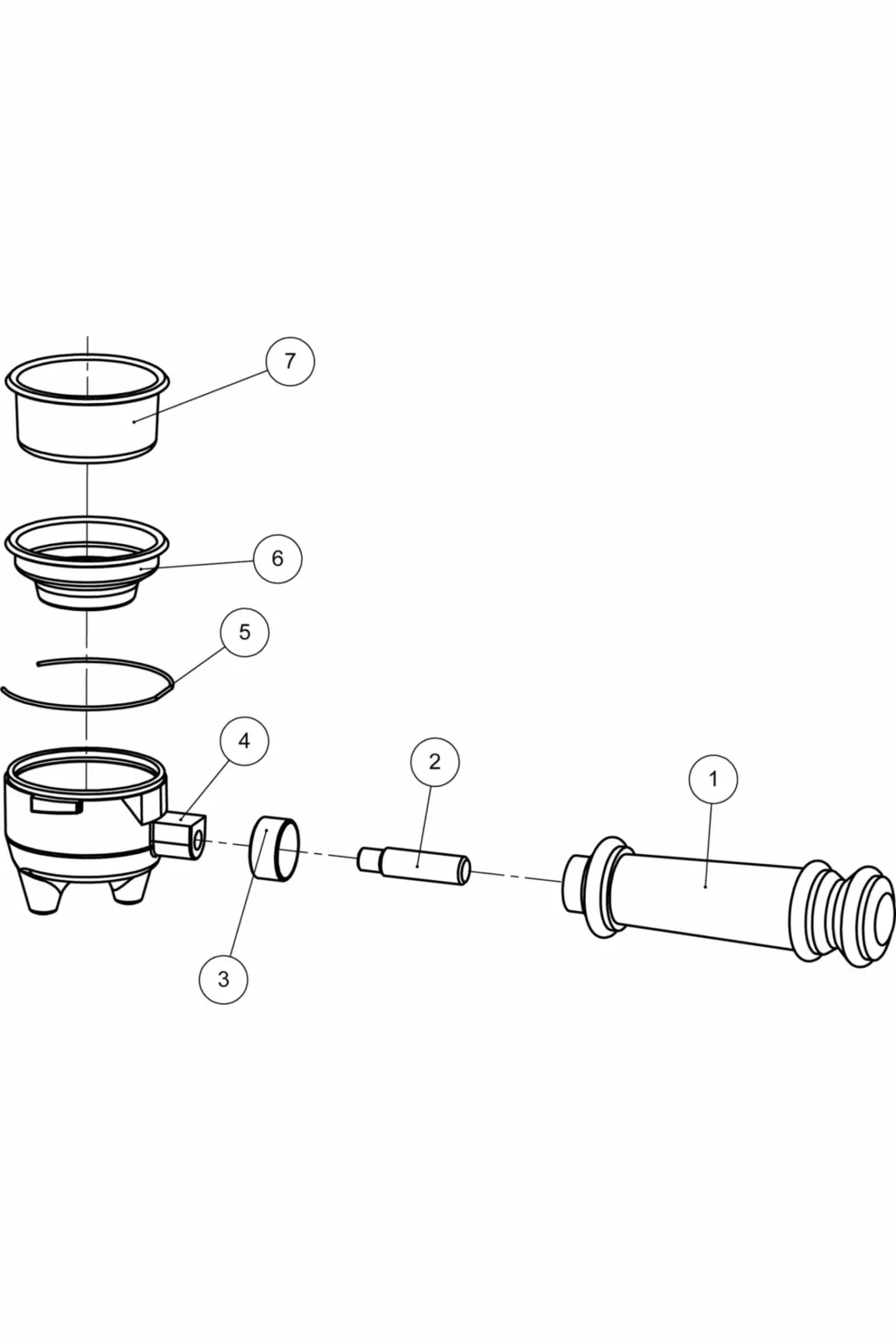 Exploded diagram of a mechanical component showing seven labeled parts, including cylindrical housings, a gasket, a ring, a shaft, and connector pieces arranged in assembly order from right to left. © 2025 1st-line.com