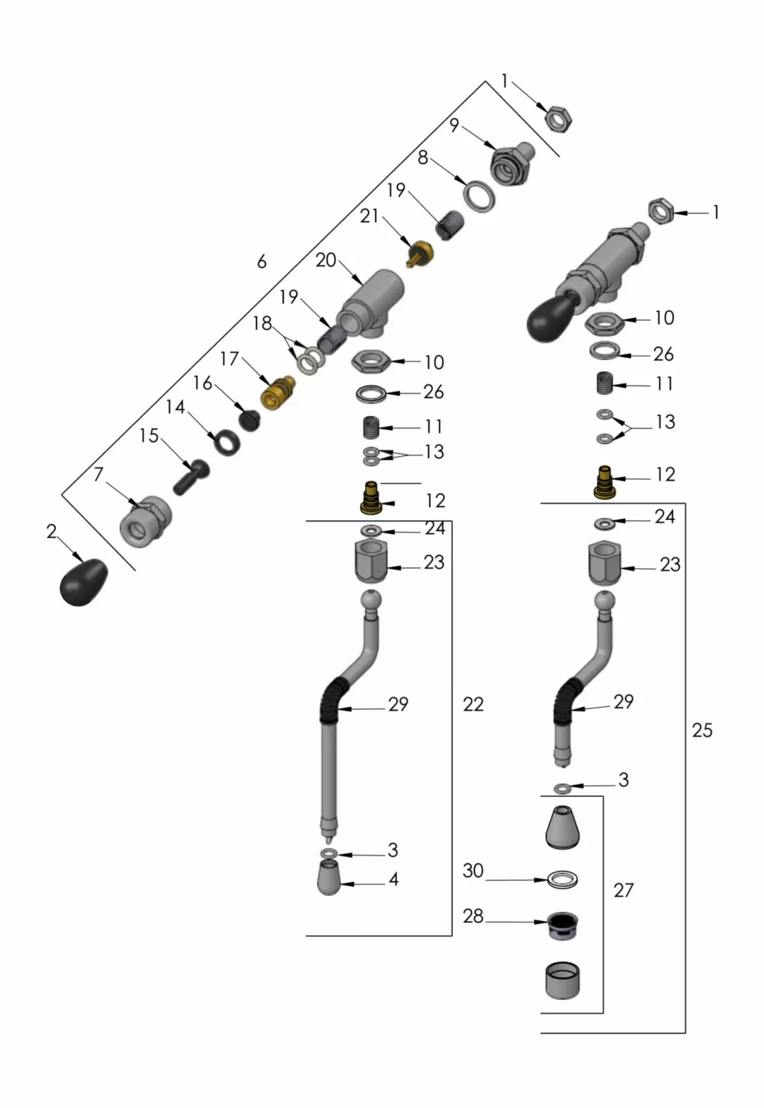 Exploded diagram of a mechanical device showing individual numbered parts, including valves, pipes, seals, washers, and connectors, arranged in assembly order with lines indicating their placement. © 2025 1st-line.com