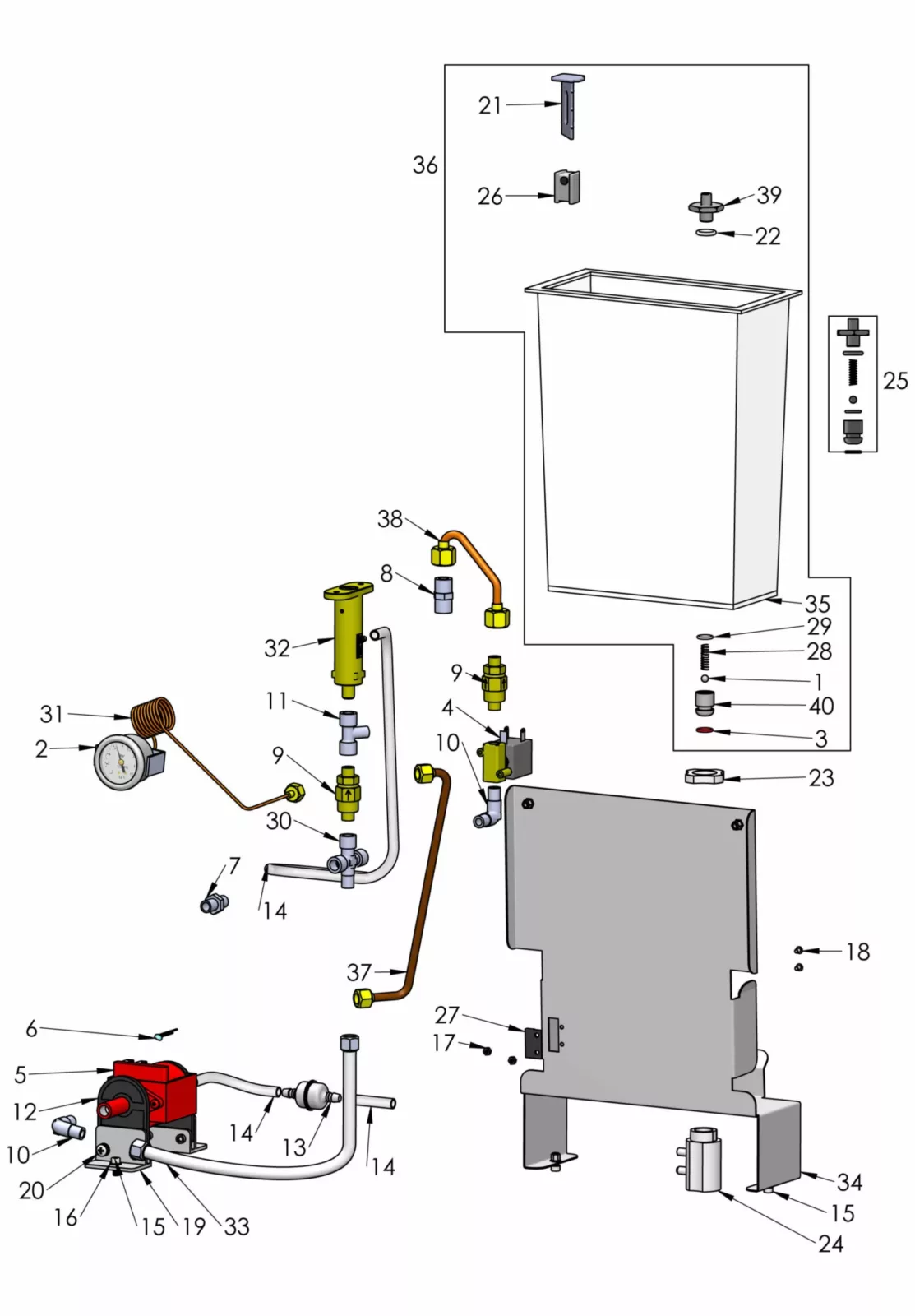 Exploded diagram of a mechanical device showing individual parts, such as a metal box, gauge, pipes, screws, brackets, and connectors, each labeled with numbers for identification and assembly reference. © 2025 1st-line.com