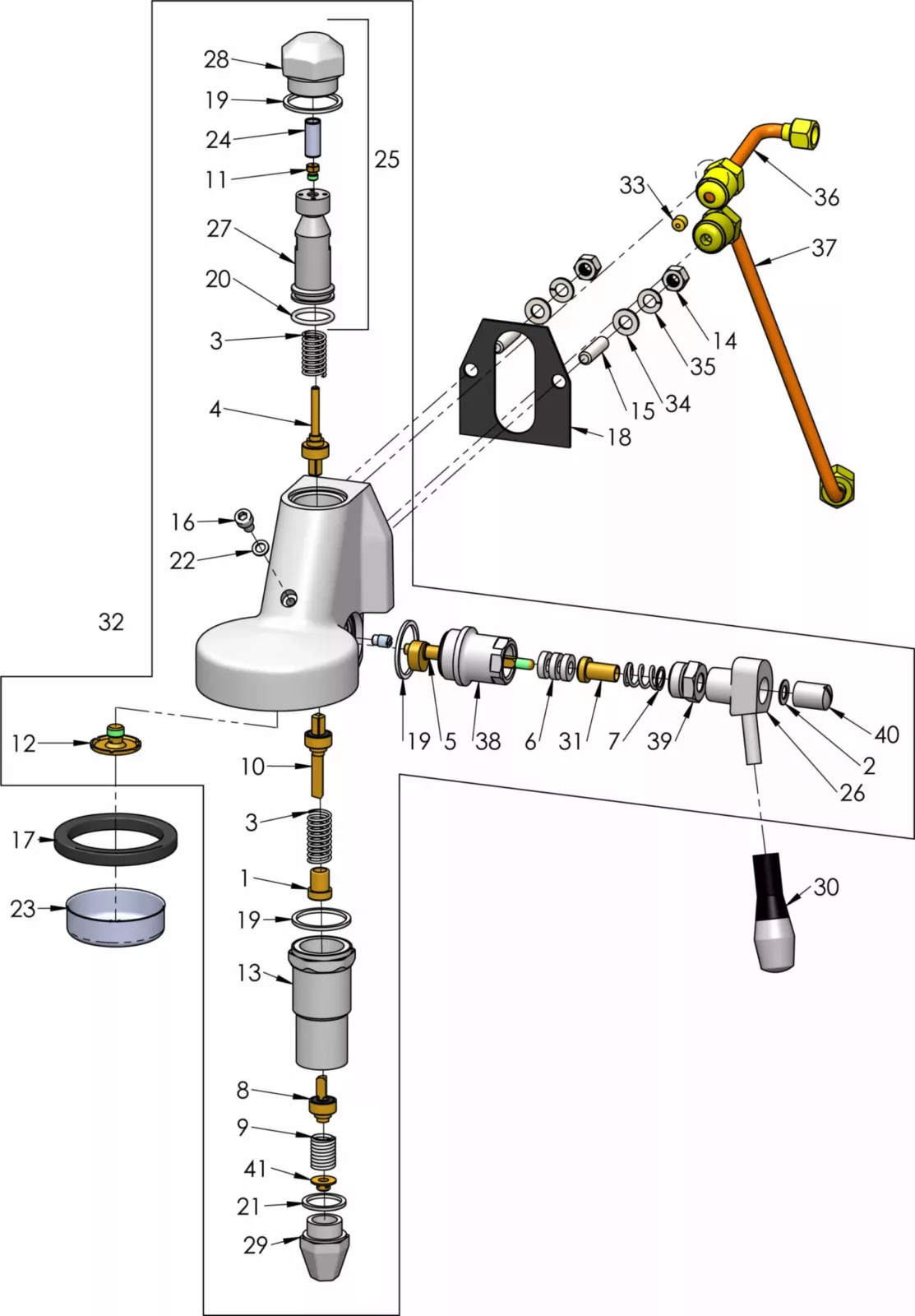 Exploded diagram of a mechanical faucet assembly, showing individual parts such as levers, washers, springs, screws, and a main body, all labeled with numbers for each component. © 2025 1st-line.com