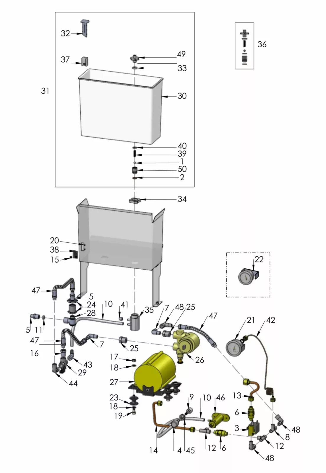 Exploded diagram of a mechanical system with numbered parts, including a rectangular tank, pipes, valves, fasteners, gauges, and a motor. Components are labeled and shown disassembled for identification. © 2025 1st-line.com