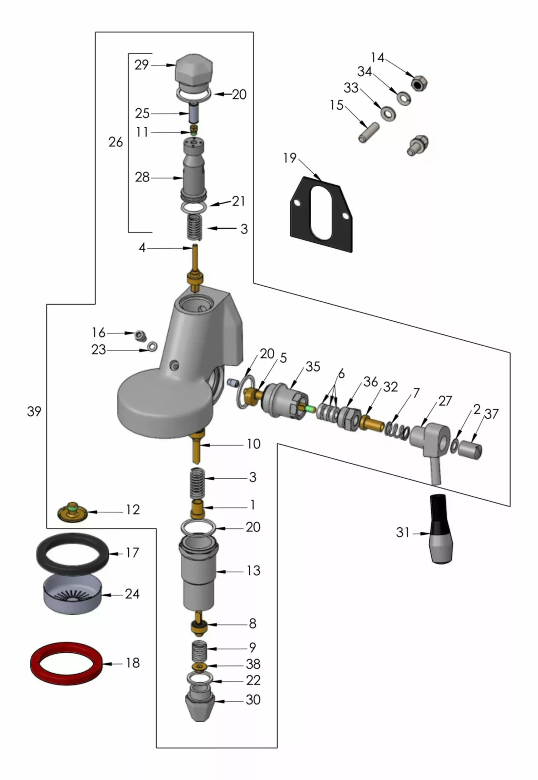 Exploded diagram of a mechanical valve assembly, showing numbered parts including screws, springs, seals, washers, and housing components, all separated to display individual components and their placement. © 2025 1st-line.com
