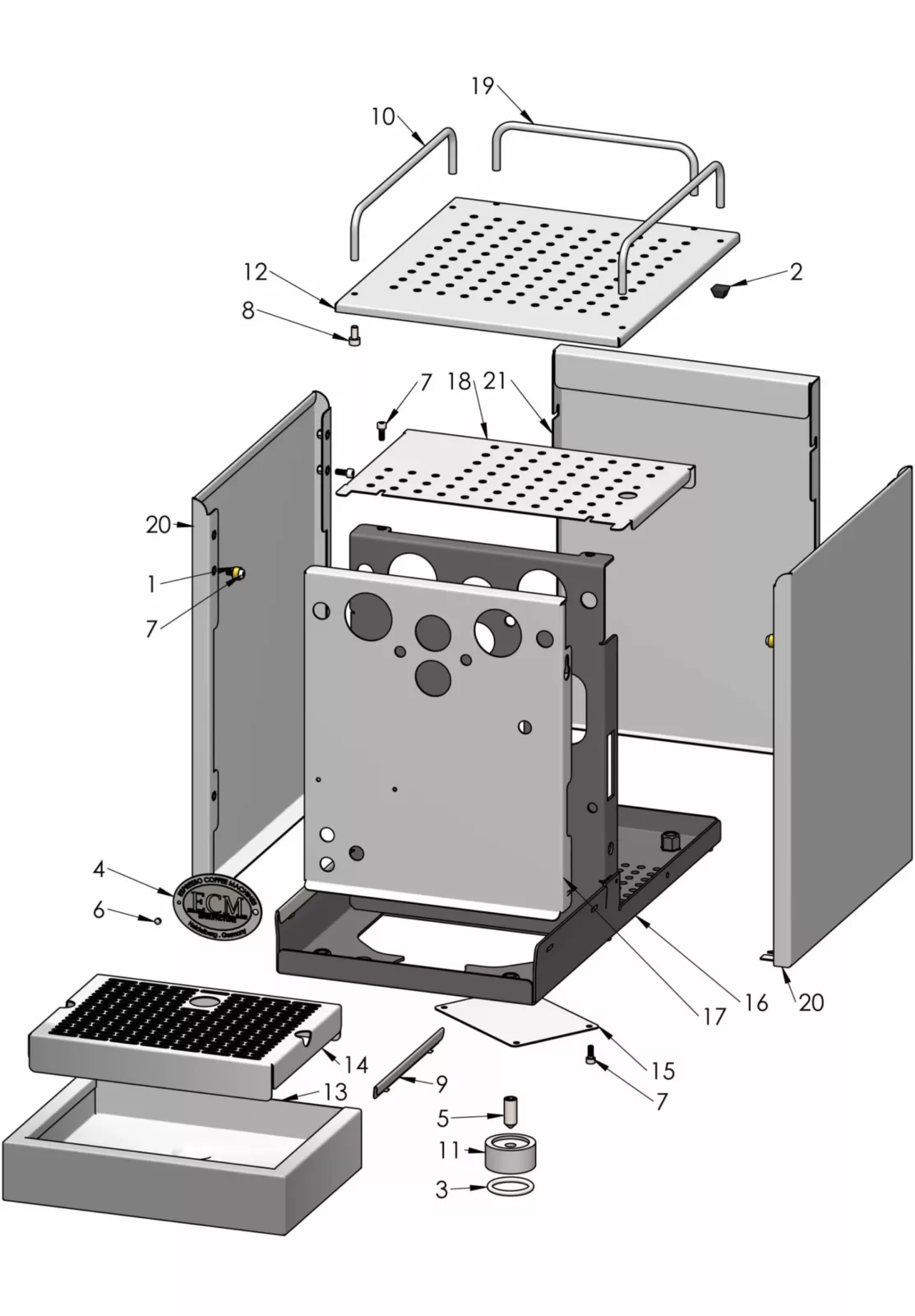 Exploded diagram of a metal box assembly showing labeled components, including side panels, trays, screws, handles, and a main frame, all arranged in order of assembly with connecting hardware. © 2025 1st-line.com