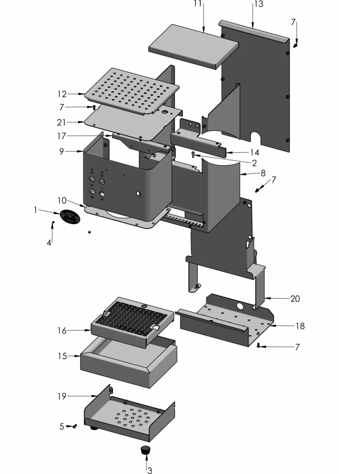 Exploded diagram of a metal box assembly with labeled parts, showing plates, panels, trays, screws, and a knob arranged in layers to illustrate how the components fit together. © 2025 1st-line.com