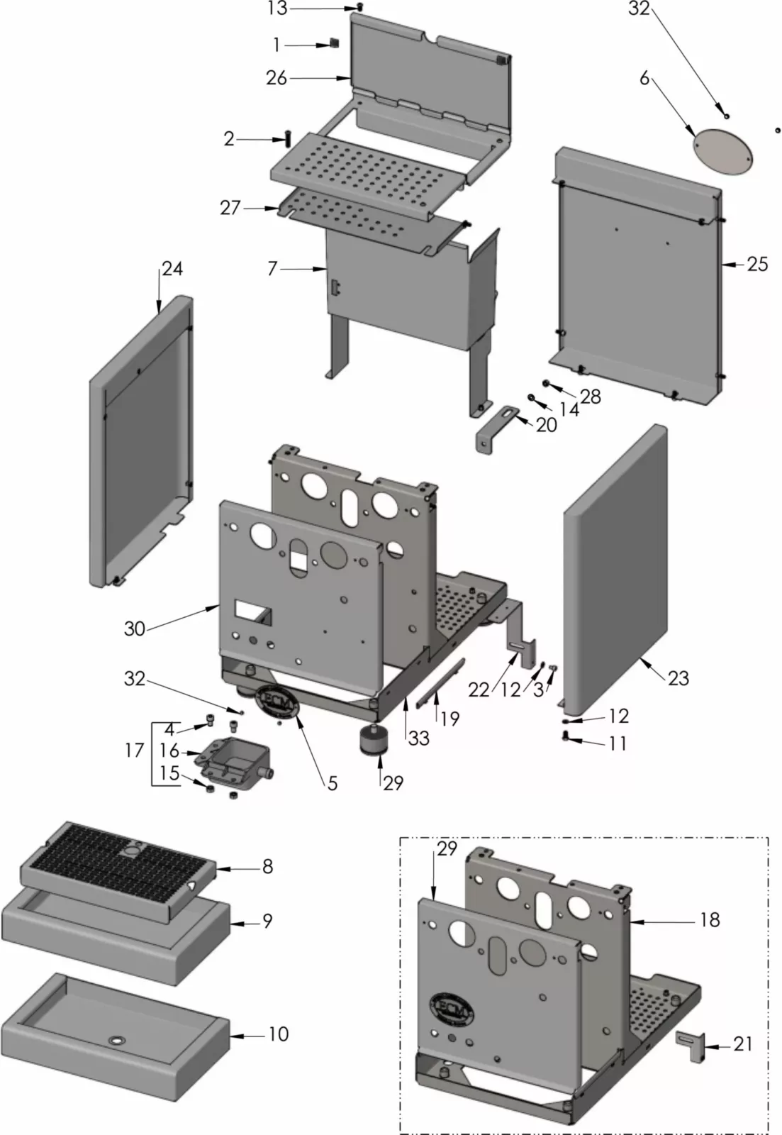 Exploded diagram of a metal grill or smoker showing labeled and separated components, including panels, grates, screws, and hardware, to illustrate assembly order and individual parts. © 2025 1st-line.com
