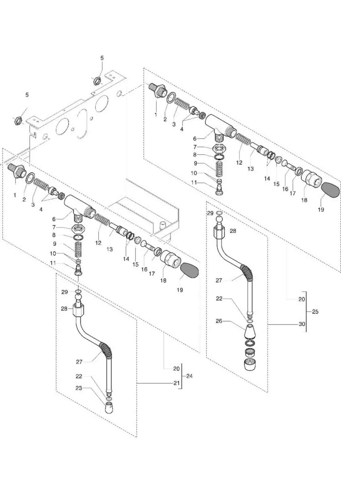Exploded diagram of a wall-mounted faucet assembly, showing individual parts like valves, handles, hoses, and connectors, each numbered and grouped to illustrate how they fit together. © 2025 1st-line.com
