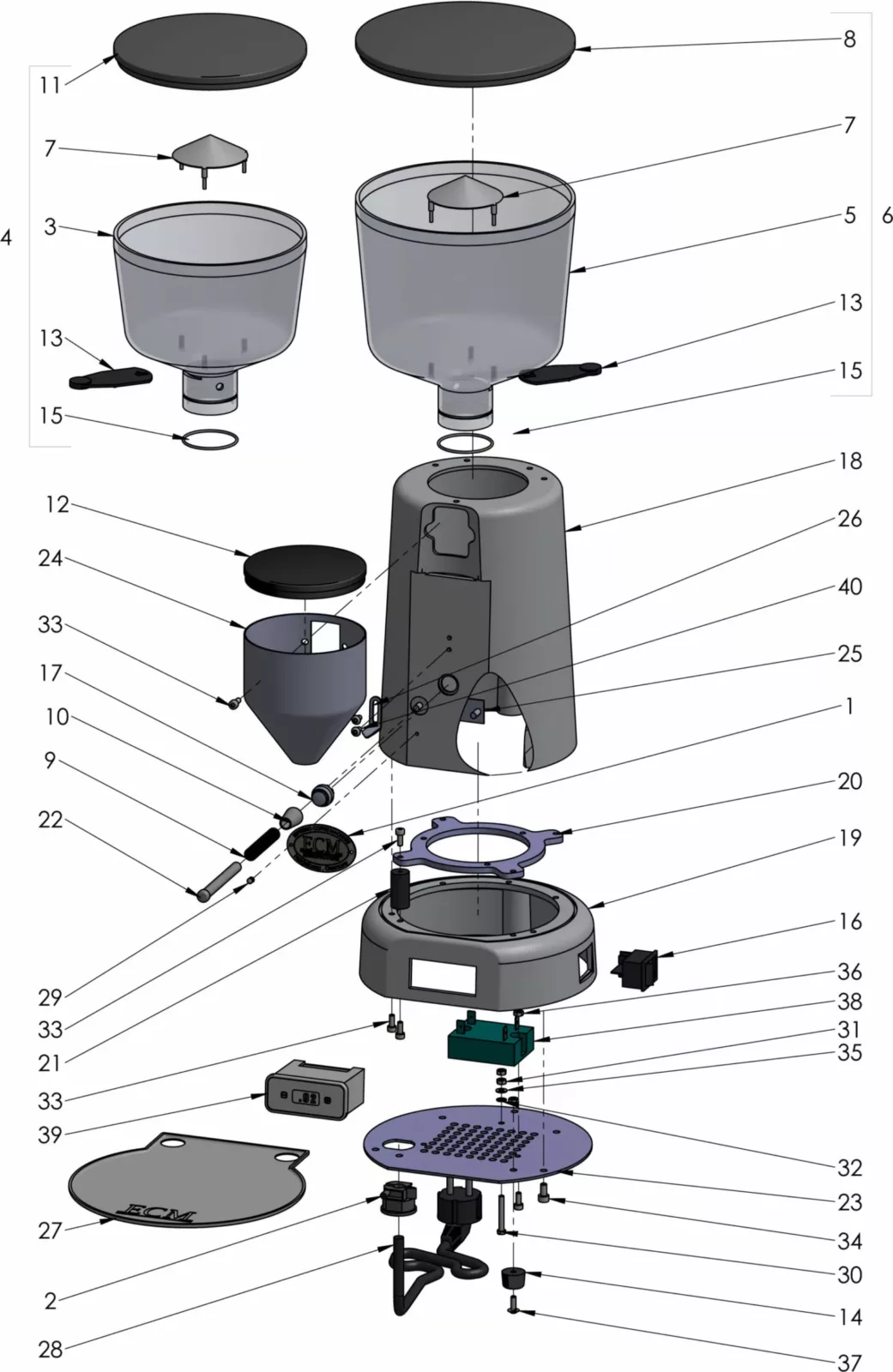 Exploded diagram of an electric appliance with labeled parts, showing components such as a lid, container, base, wiring, circuit board, display, buttons, and mounting hardware arranged in assembly order. © 2025 1st-line.com
