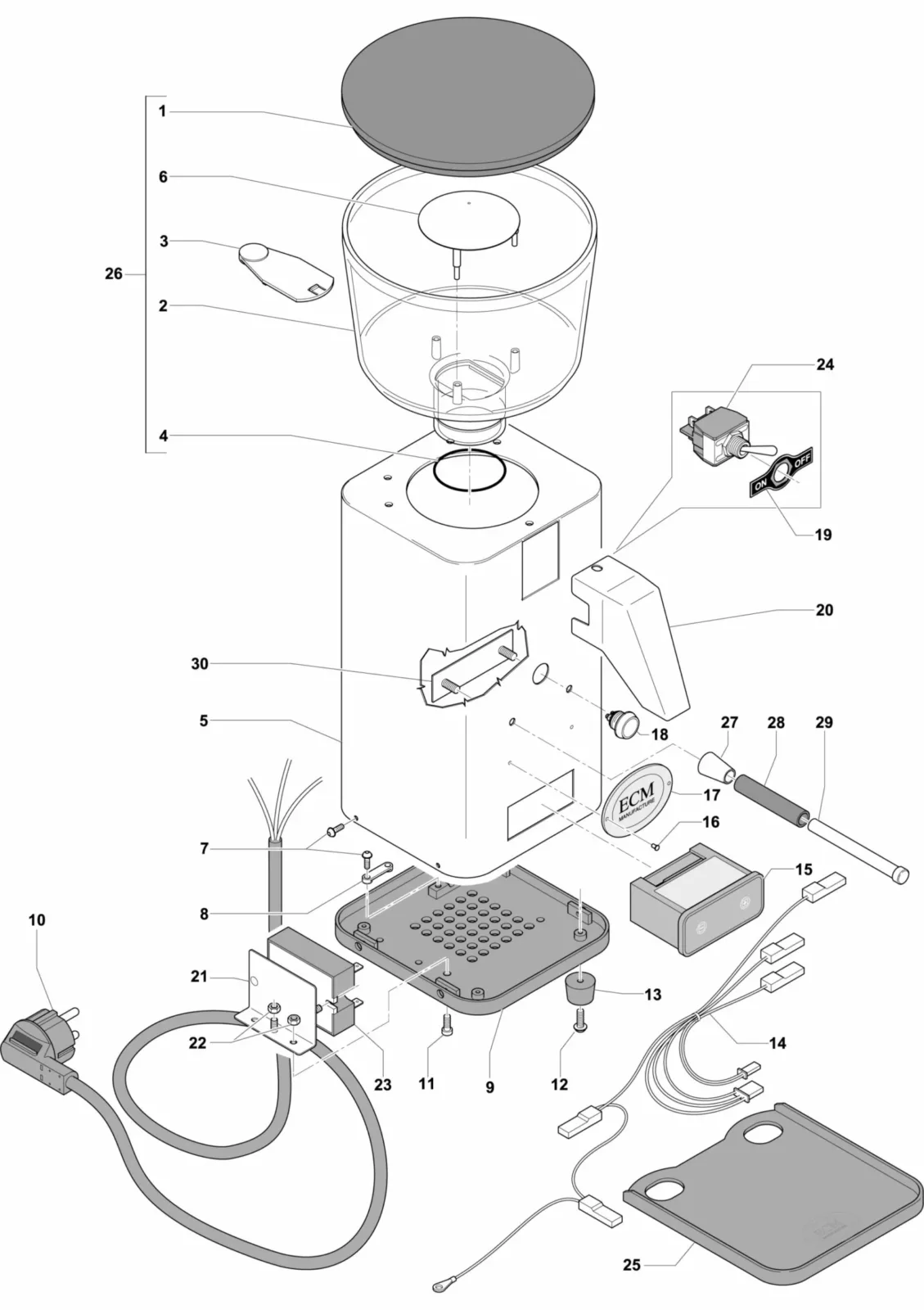 Exploded diagram of an electric coffee grinder, showing numbered parts including the bean hopper, burrs, power cord, switches, screws, and base plate, with all components separated but aligned to display assembly order. © 2025 1st-line.com