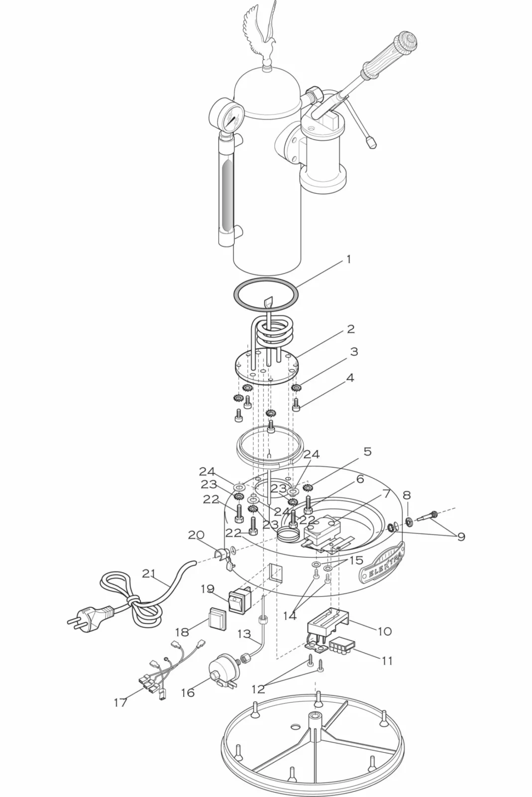 Exploded diagram of an electric device with numbered parts, including a power cord, switches, cylindrical body, circular base, screws, and internal components, showing assembly order and internal structure. © 2025 1st-line.com