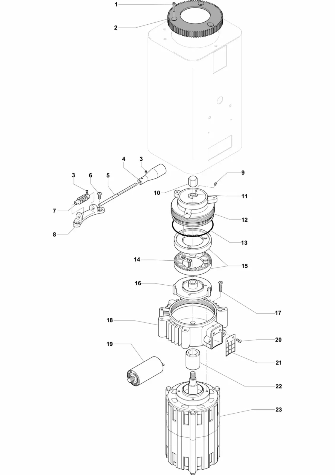 Exploded diagram of an electric motor assembly, showing labeled parts including a cylindrical housing, gears, screws, switches, coil, electronic components, a rotor, and connectors arranged in sequence. © 2025 1st-line.com