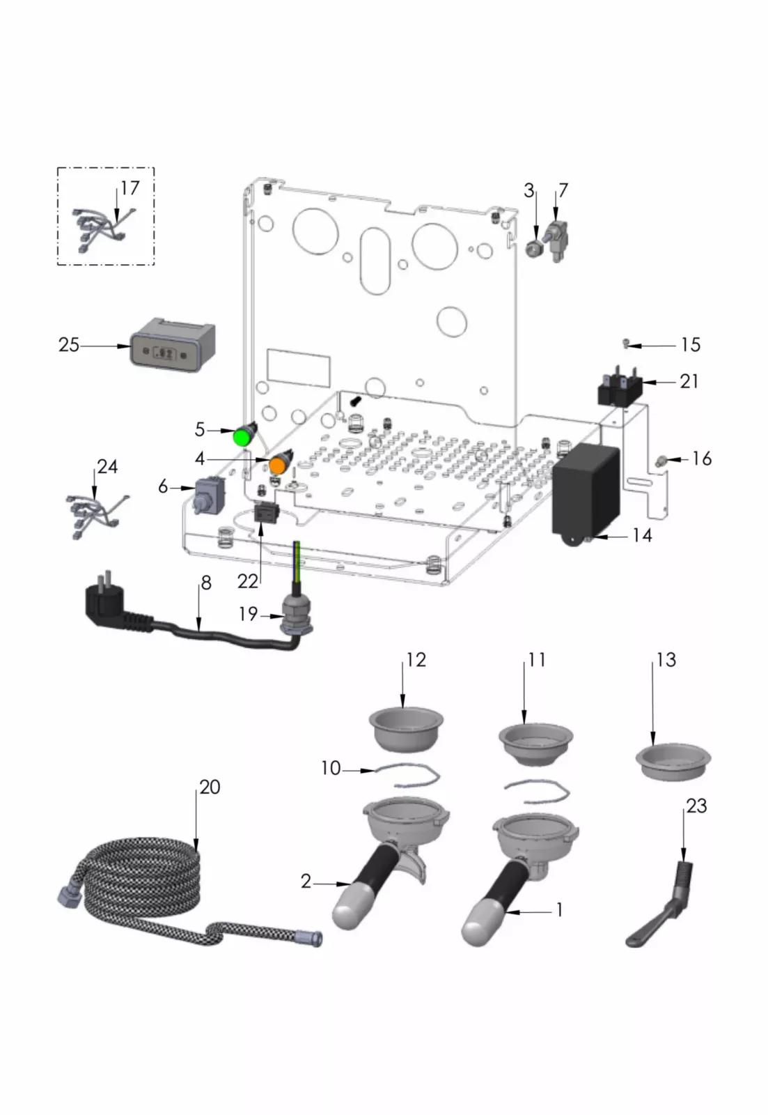 Exploded diagram of an espresso machine showing numbered components, including the main metal chassis, wiring, connectors, buttons, hoses, portafilters, a steam wand, and various internal and external parts arranged separately. © 2025 1st-line.com