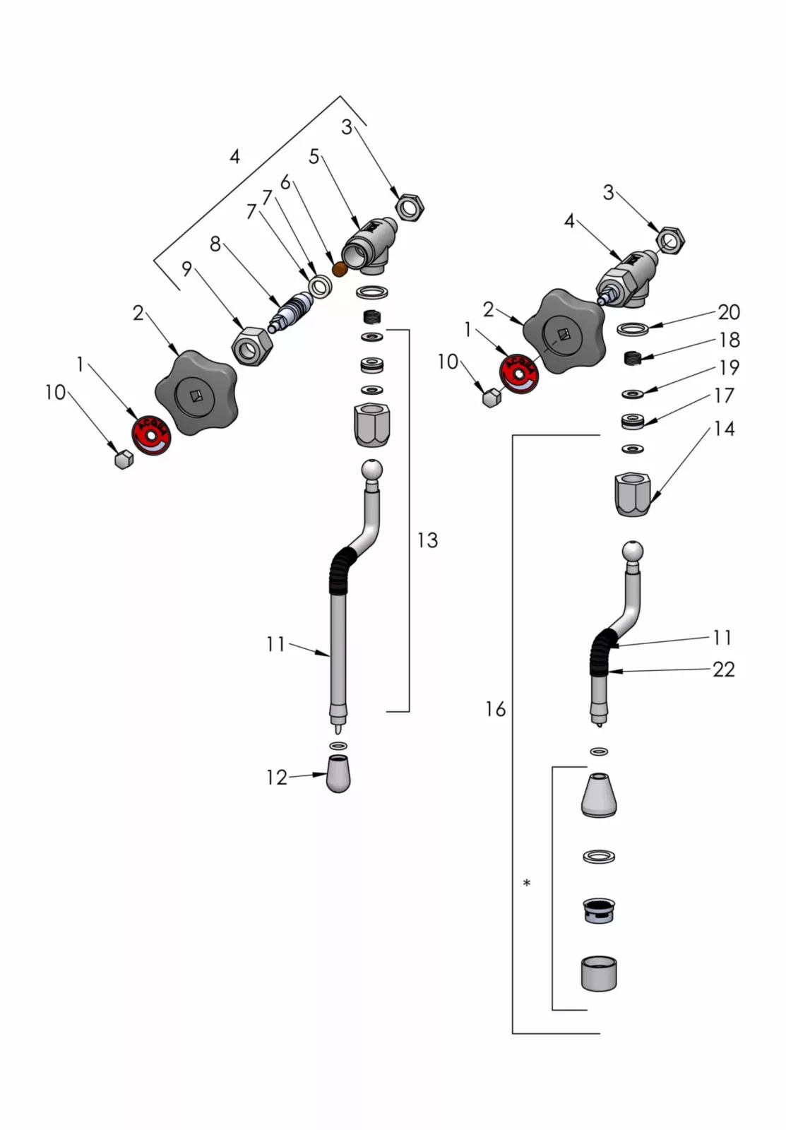 Exploded diagram of two mechanical valve assemblies with numbered parts, showing individual components like knobs, springs, washers, seals, and connectors arranged in assembly order. © 2025 1st-line.com