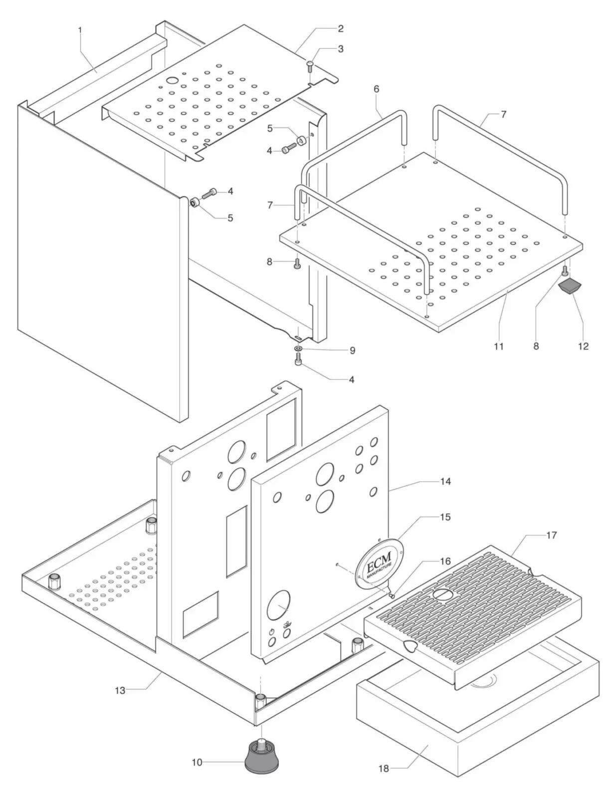 Exploded parts diagram of a metal appliance, such as the ECM Classika II, showing labeled panels, grates, rails, supports, a drip tray, screws, and adjustable feet with holes and slots for assembly alignment. © 2025 1st-line.com