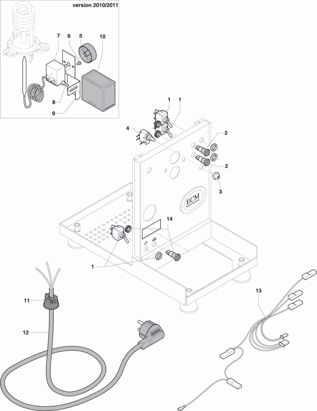 Exploded parts diagram of an ECM Classika II machine showing labeled electrical components, wiring, connectors, and an inset in the top left detailing the power supply assembly from the 2010/2011 version. © 2025 1st-line.com