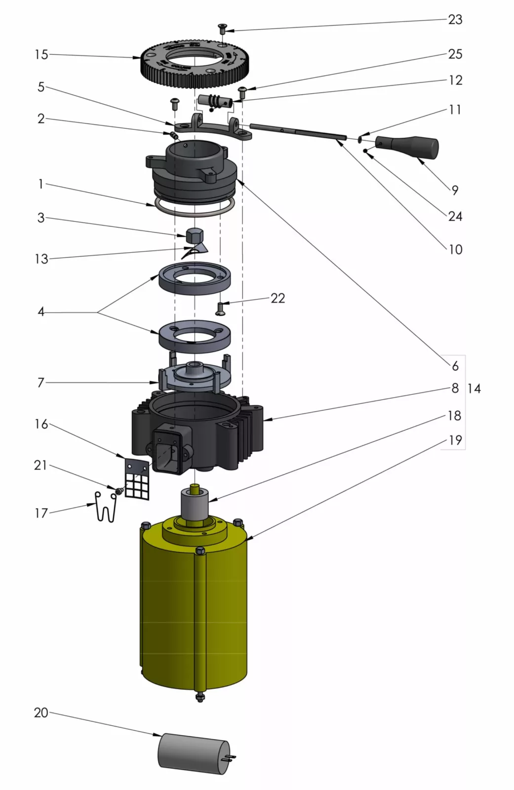Exploded parts diagram of an ECM V-Titan 64 grinder, showing labeled gears, levers, rings, housing, a spring, mesh grid, cylindrical yellow component, and a separate small cylinder at the bottom right. © 2025 1st-line.com