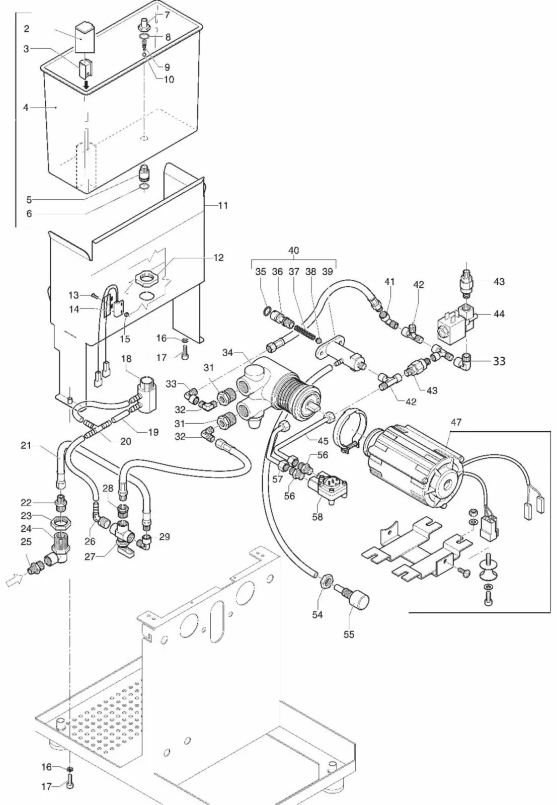 Exploded technical diagram of a machine showing labeled parts, including a water tank, pump, hoses, motor, screws, valves, and electrical components, arranged separately to illustrate their assembly and connection. © 2025 1st-line.com