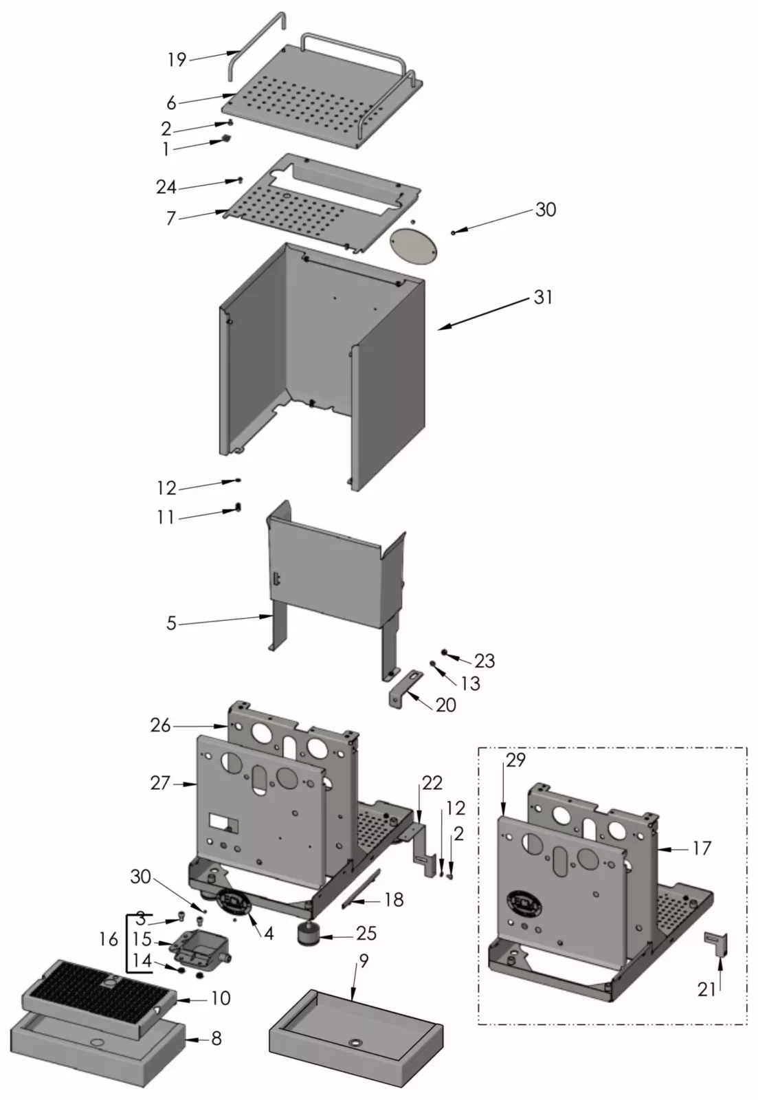Exploded view diagram of a metal box assembly with numbered parts, including panels, handles, brackets, screws, and electronic components, shown separated to illustrate how each component fits together. © 2025 1st-line.com