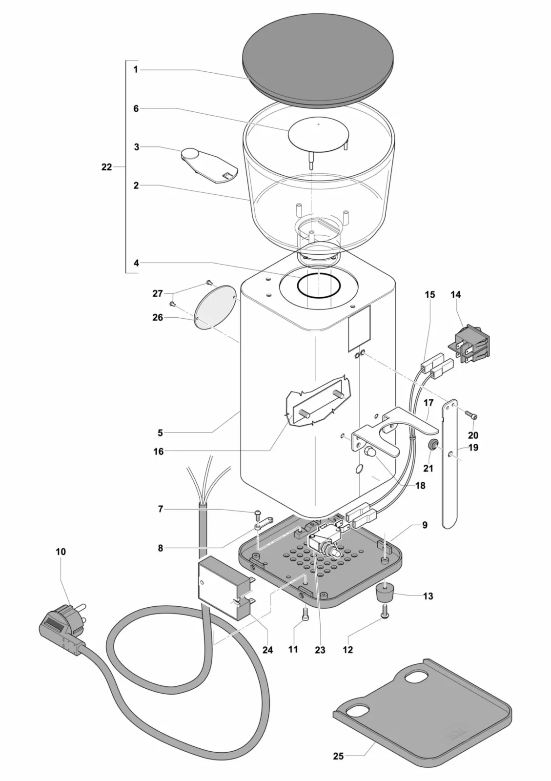 Exploded view diagram of an electric appliance with labeled parts, including a power cord, electrical components, base, main housing, water tank, lid, and small internal fittings arranged above and beside the main unit. © 2025 1st-line.com
