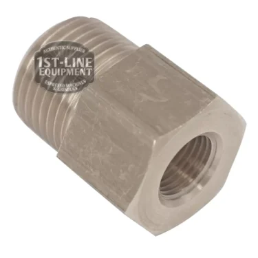 Hexagonal metal reducer fitting labeled Reducer 1/8F 3/8M by 1st-line, featuring internal and external threading, displayed on a white background with the 1st-line Equipment logo watermark. © 2025 1st-line.com