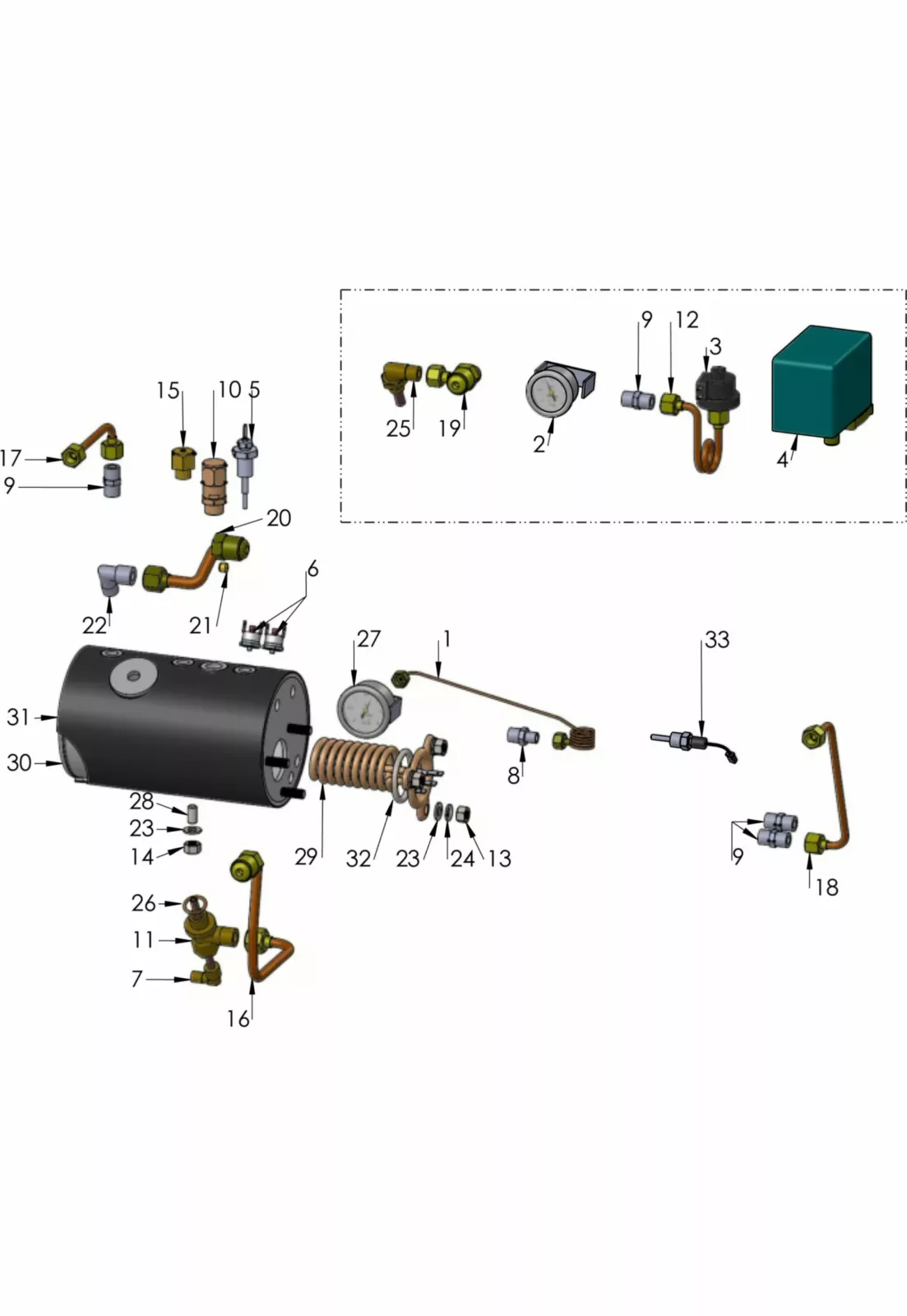 Labeled diagram of compressor parts, including a cylindrical tank, gauges, pipes, fittings, coils, connectors, and a green rectangular control box, all shown separately and numbered for reference. © 2025 1st-line.com