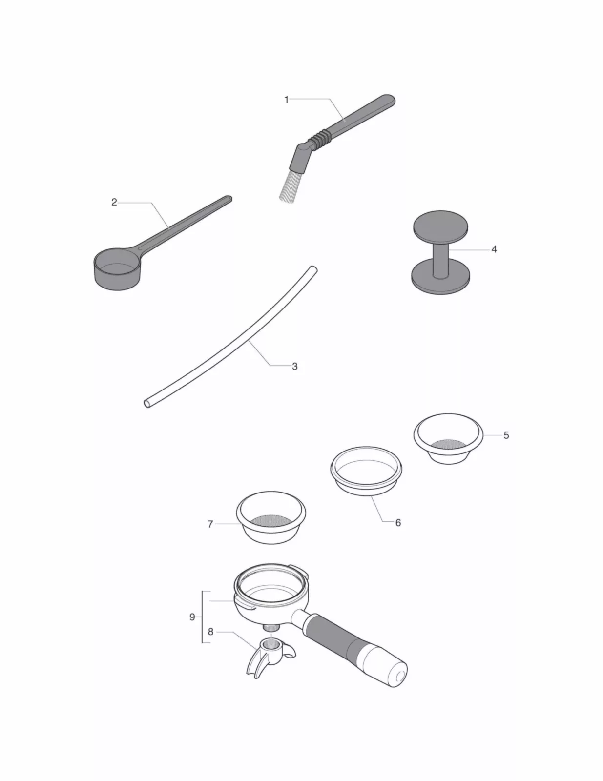 Labeled Parts Diagram of Classika PID espresso machine tools, including a measuring scoop (1), cleaning brush (2), steam wand tube (3), tamper (4), single and double filter baskets, portafilter, and screws. Compatible with ECM Classika II. © 2025 1st-line.com