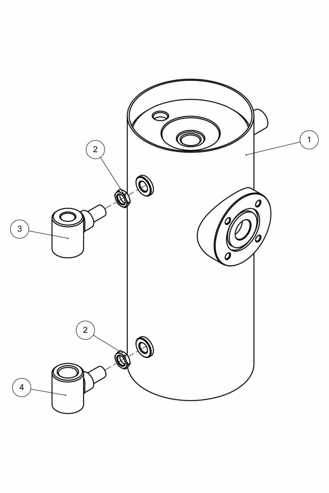 Line drawing of a cylindrical mechanical component with four labeled parts: the main cylinder (1), two identical side fittings (2), and two external attachments, each connecting to a fitting, labeled (3) and (4). © 2025 1st-line.com