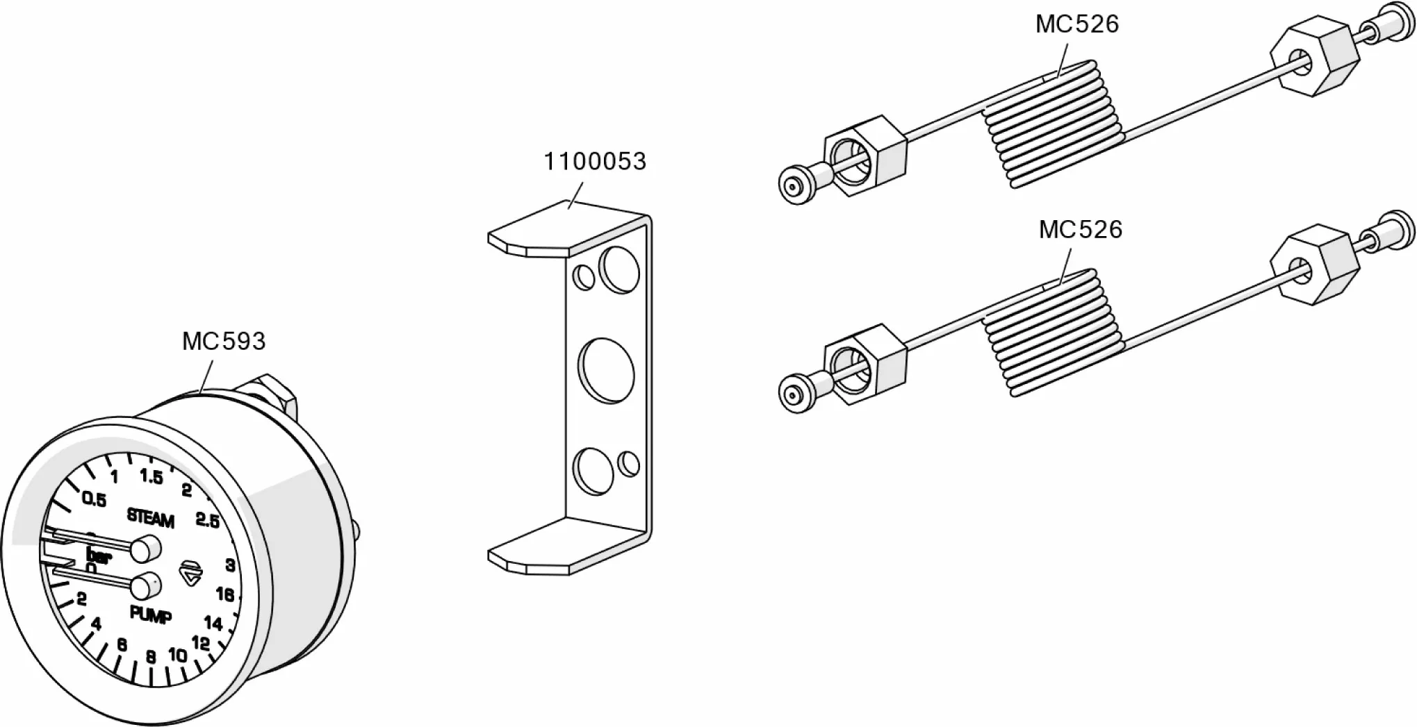 Line drawings of a round gauge labeled MC593, an L-shaped mounting bracket labeled 1100053, and two coiled cables labeled MC526, each with connectors at both ends. © 2025 1st-line.com