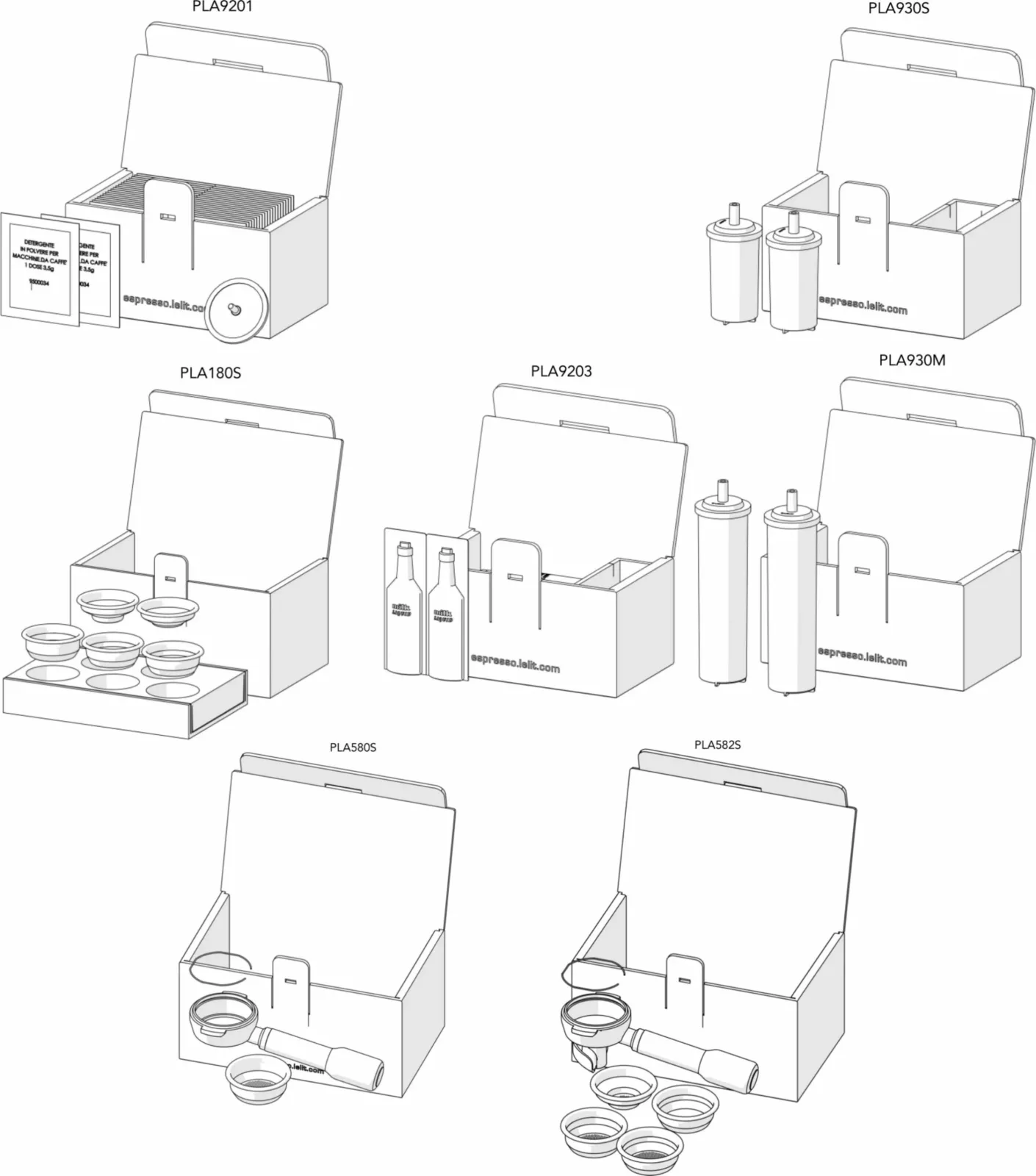 Six black and white line drawings of different lab kit boxes, each open and displaying various scientific supplies inside, such as bottles, containers, petri dishes, and equipment, labeled with their respective model numbers. © 2025 1st-line.com