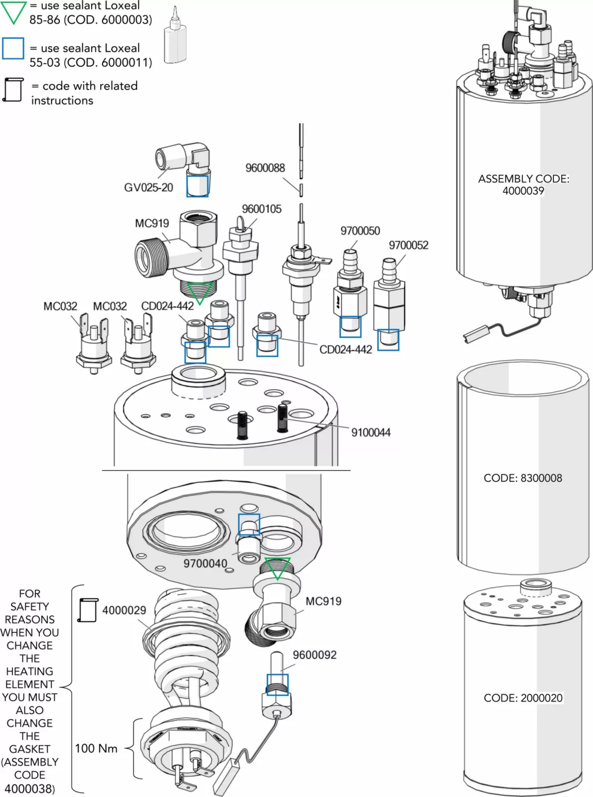Technical assembly diagram showing various labeled components, including valves, sensors, and gaskets, with arrows indicating installation points on a cylindrical tank. Safety and sealant usage notes are also included. © 2025 1st-line.com