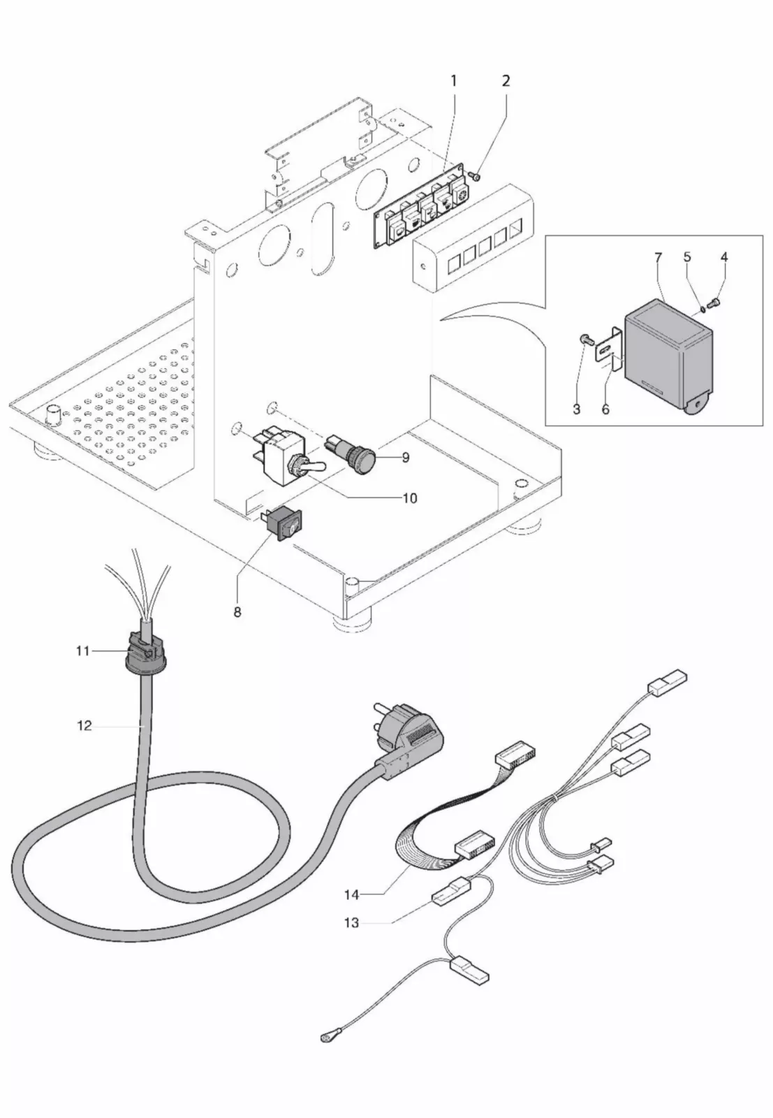 Technical diagram showing labeled components of an electronic device, including a power adapter, switch, cables, plug, and internal parts, with each item numbered and some shown in detailed insets. © 2025 1st-line.com