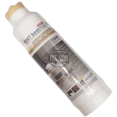 The BWT Bestmax 2XL Premium Filter Cartridge, featuring a blue and gray label, is shown sealed in plastic packaging at an angle against a plain white background. © 2025 1st-line.com