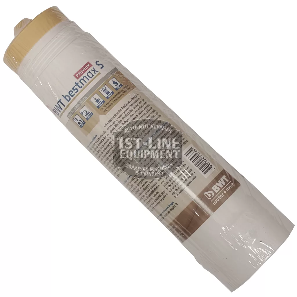 The BWT Bestmax Premium S Filter Cartridge - Size Small features clear plastic packaging, a beige cap, and a blue, gray, and beige label displaying usage details and product information. © 2025 1st-line.com