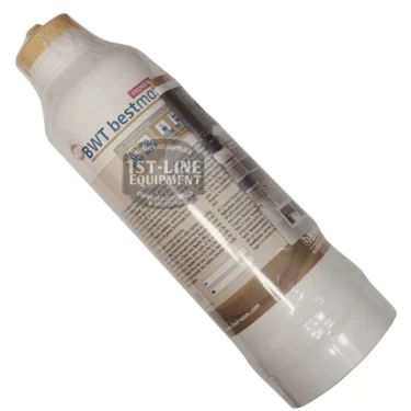 The BWT Bestmax XL Premium Filter Cartridge appears angled, displaying product details and branding—such as the 1st-Line Equipment logo—on its label. © 2025 1st-line.com