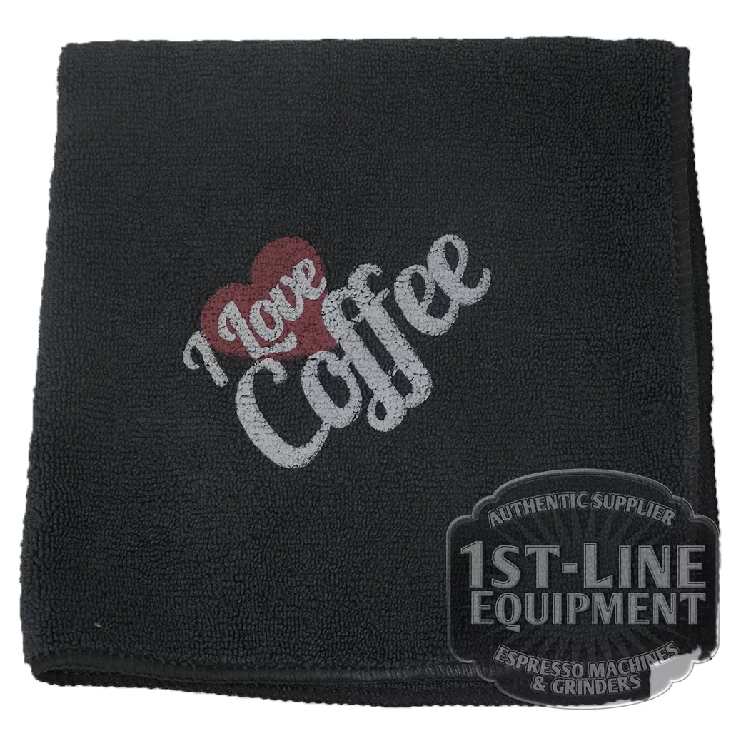 The DISCONTINUED 1st-line I Love Coffee Black Microfiber Cloth features white script with a red heart and a transparent corner logo: 1st-Line Equipment Authentic Supplier Espresso Machines & Grinders. © 2025 1st-line.com