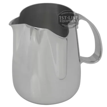 The Ilsa Revolution Duet Latte Art Milk Pitcher is a stainless steel frothing pitcher with handle and spout, ideal for espresso drinks and latte art. The shiny finish displays the 1st-Line Equipment logo near the rim. © 2025 1st-line.com