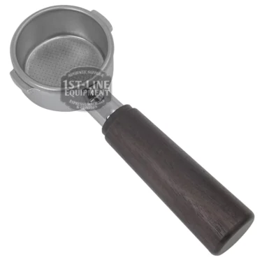 The La Pavoni Familglia Pre-Millenium Bottomless Portafilter, featuring a stainless steel base and dark wooden handle, is shown from above against a white background. © 2025 1st-line.com