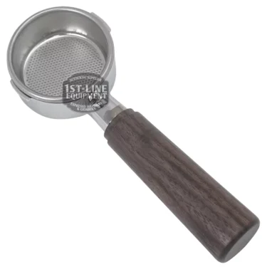 The La Pavoni Millenium 54mm Wood Handle Bottomless Portafilter, shown angled against a white background, features a dark wooden handle and is ideal for La Pavoni enthusiasts. © 2025 1st-line.com