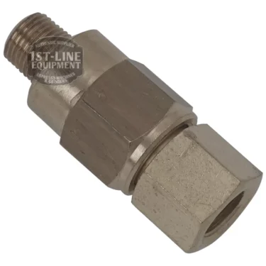 The Non-Return Valve In 1/8M - Out 1/8F by 1st-line is a hexagonal metal fitting with 1/8M threads on one end and 1/8F on the other, designed for connecting pipes or hoses in non-return valve assemblies. © 2025 1st-line.com