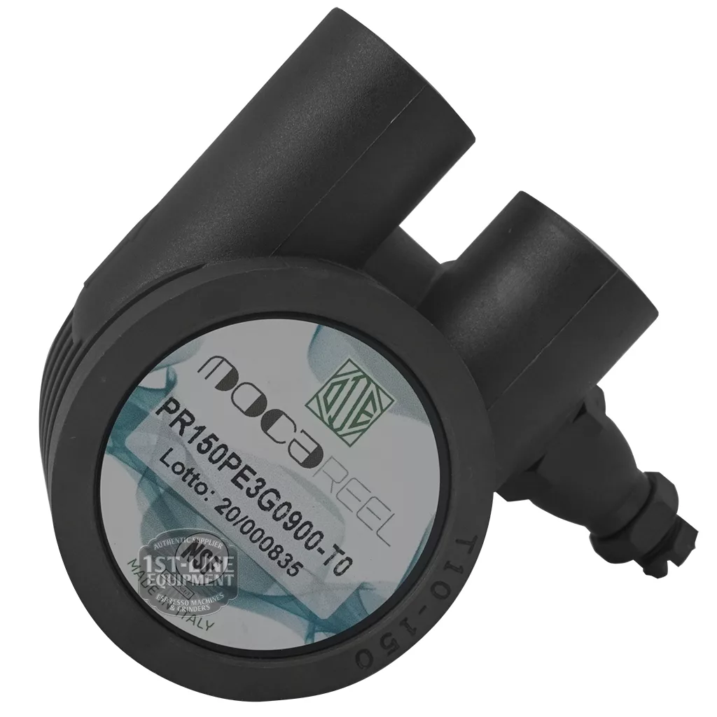 The Ode PPS Plane Rod Pump 150 L/H 3/8 Gas (NSF Certified) features a black nozzle adapter with two hose connectors, a labeled cap with the MOCAREEL logo, product code PR150PE3G0900-T0, and lot number—ideal for Plane Rod Pump setups. © 2025 1st-line.com