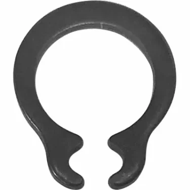 The Olympia 0236010600 Sight Glass C-Clip 6MM is a black, circular snap ring with downward-facing open ends, designed for securing parts on shafts or in housings, ideal for sight glass assemblies. © 2025 1st-line.com