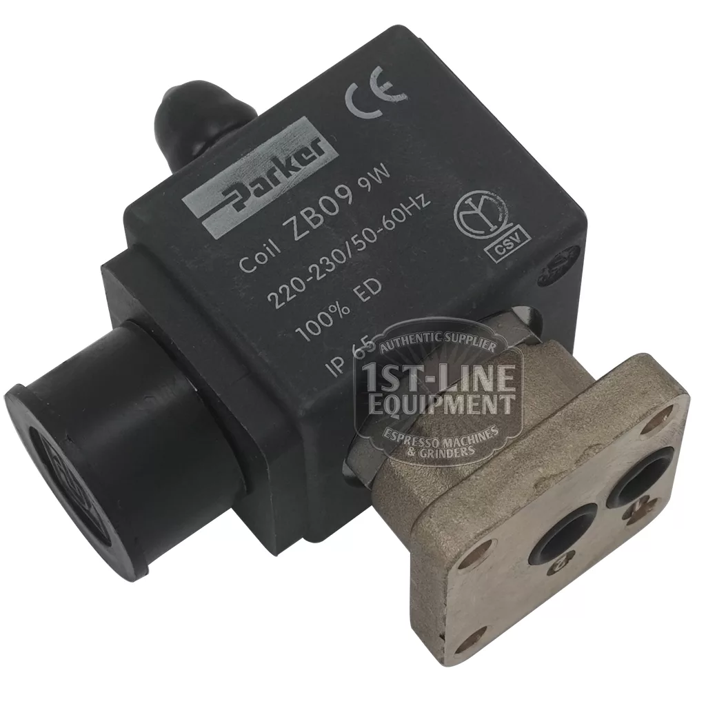 The Ruby Parker 3-Way Solenoid Valve - 220/230V, 50/60 Hz includes a rectangular metal base, black plastic housing, and clear certification markings. © 2025 1st-line.com