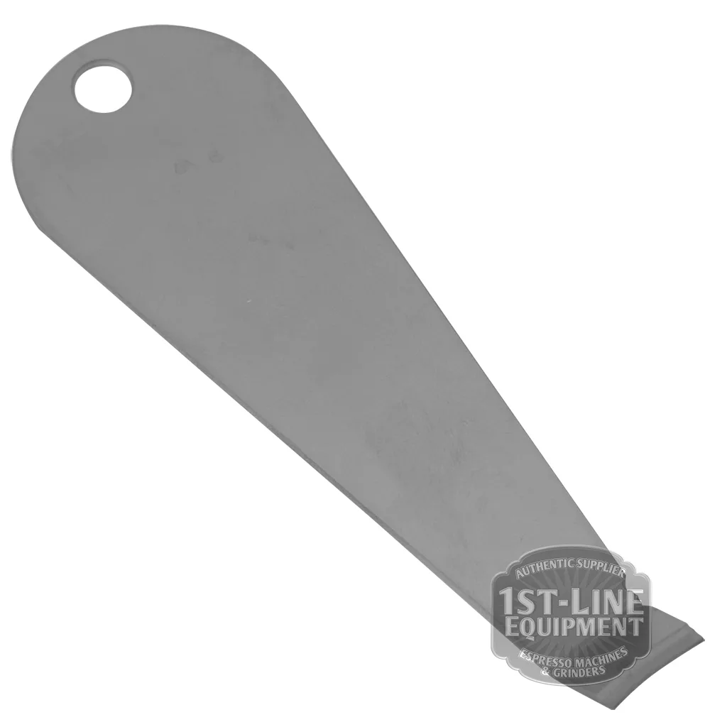 The Stainless Steel Portafilter Filter Basket Remover by 1st-line features a flat metal design with a wide handle, rounded end with a hole, and a narrow angled edge. The 1st-line Equipment logo appears in the bottom right corner. © 2025 1st-line.com