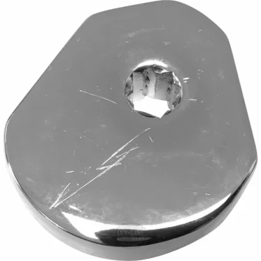 The VBM TUBICAMMERC Grouphead Lever Base - star hole is a shiny, irregularly shaped silver metal piece featuring a central hexagonal star hole and several visible surface scratches. © 2025 1st-line.com