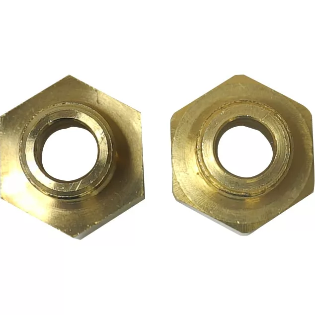 Two brass hexagonal nuts, including the 1st-line Reducer 1/2F X 3/8M with central circular holes, are placed side by side on a white background. © 2025 1st-line.com