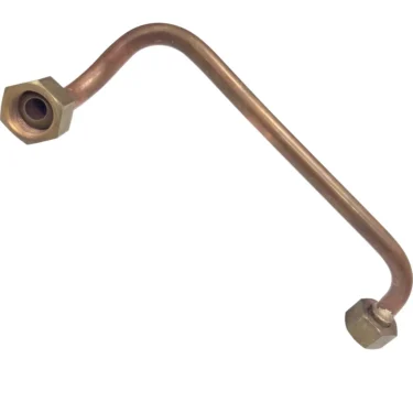 A bent copper Elektra 05116011 Lower HX to Right Delivery Unit Pipe with hex brass fittings on each end, ideal for plumbing or gas connections, isolated on a white background. © 2025 1st-line.com